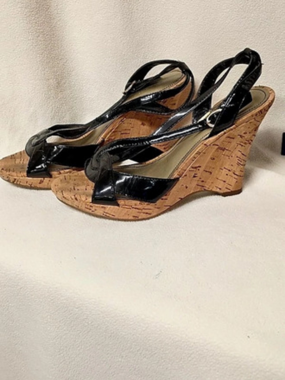 Anne Klein Black Cork Wedge Sandals Size 6, 3 Inch Heel